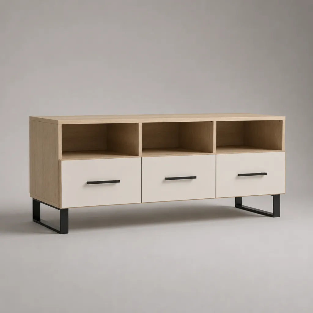 Mobile TV rettangolare con 3 cassetti e 3 vani aperti in pannello truciolare melaminico e acciaio, rovere chiaro, bianco e nero, 150 × 40 × 70 cm