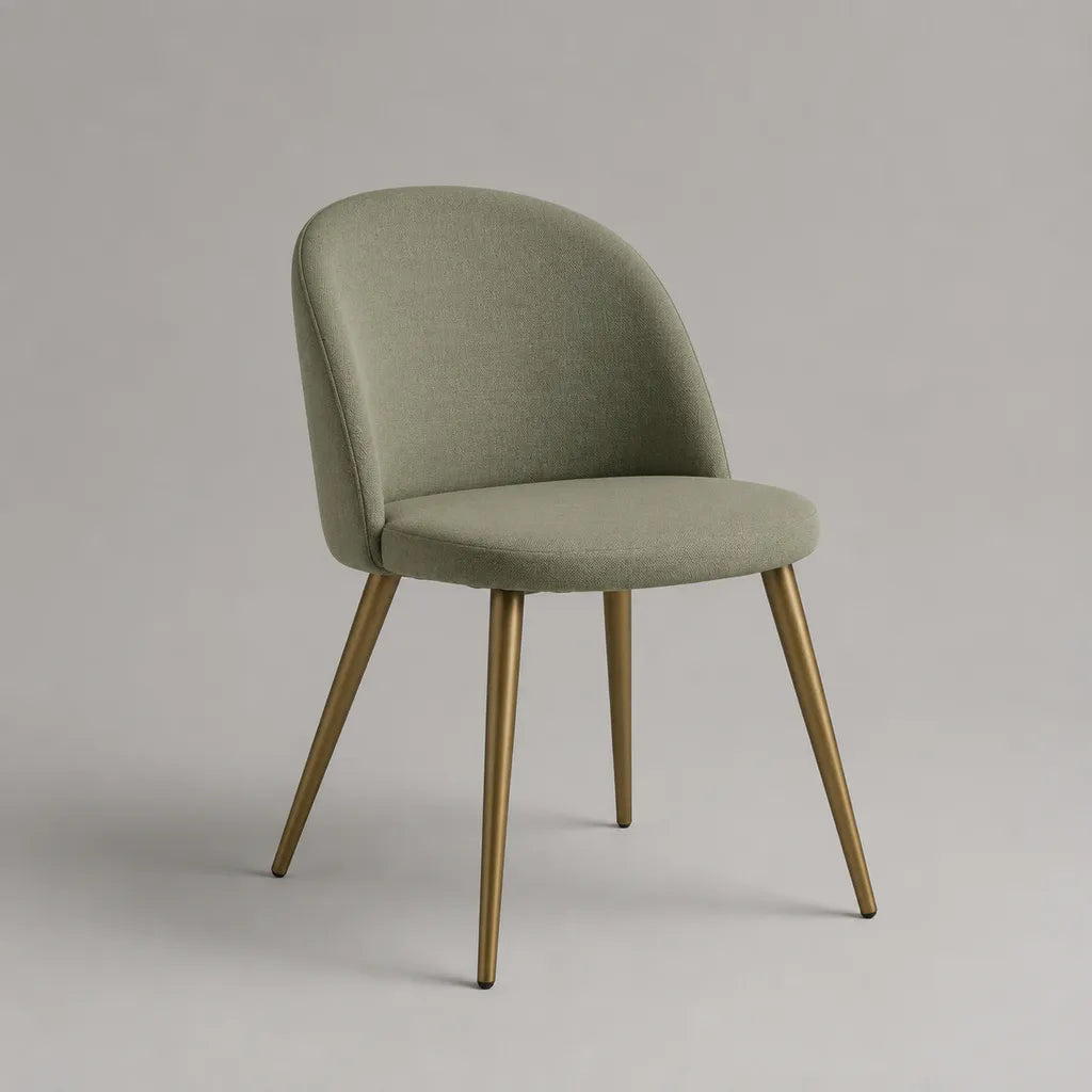 Sedia da pranzo imbottita in poliestere verde salvia con gambe in acciaio bronzo, 55 × 59 × 82 cm