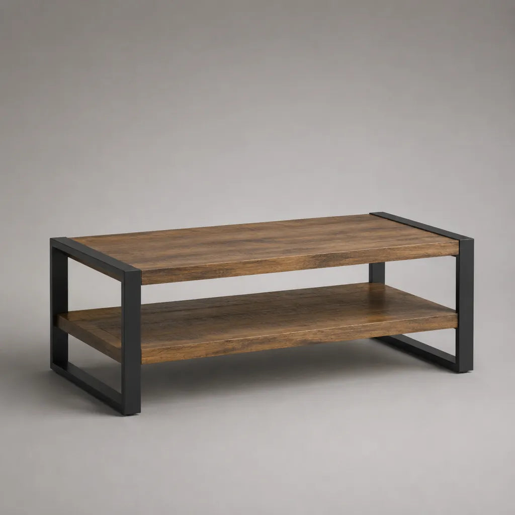 Tavolino da caffè rettangolare in truciolare melaminico e acciaio, 100 × 55 × 45 cm, marrone e nero