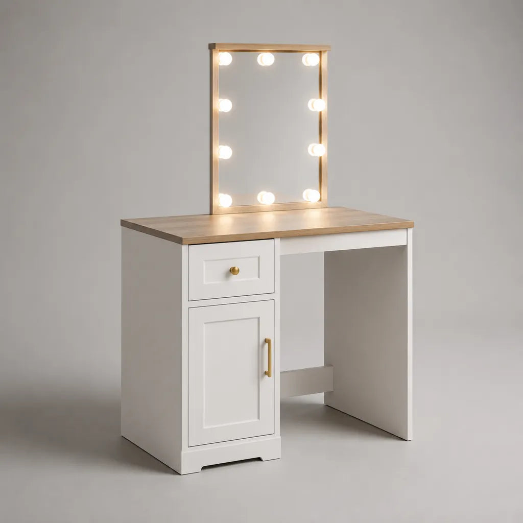 Toeletta in MDF con specchio rettangolare e 10 luci LED, bianco, rovere chiaro e oro, 80 × 40 × 135 cm