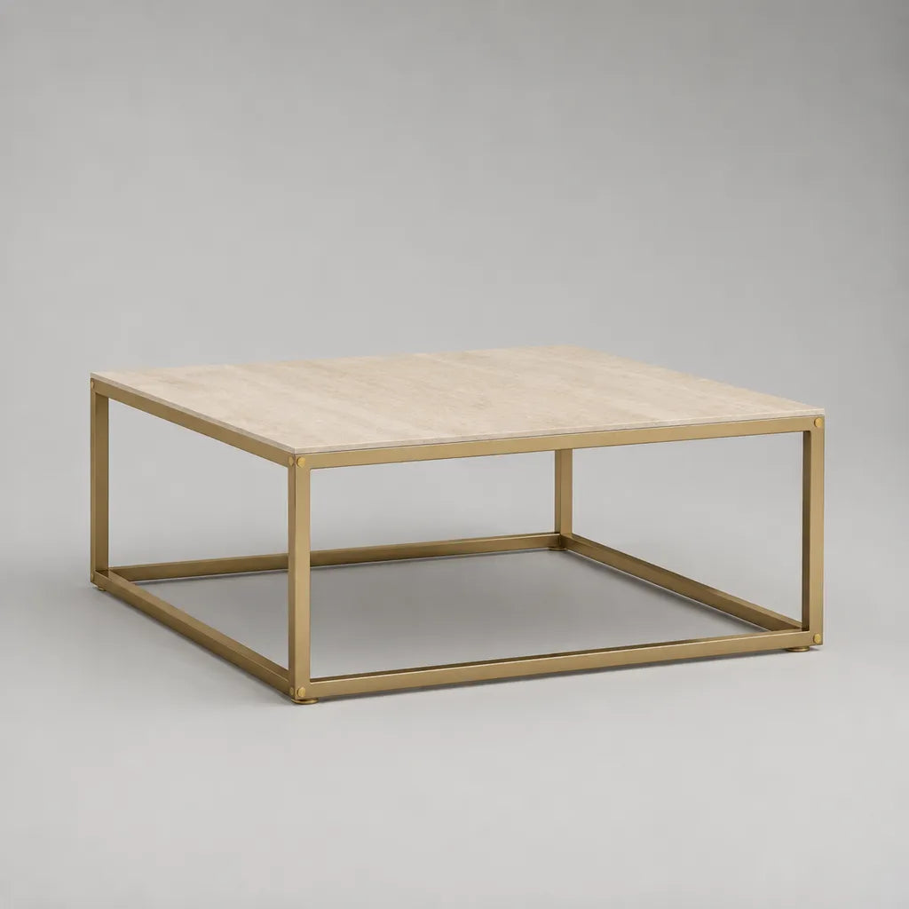 Tavolino da salotto quadrato in pietra sinterizzata e acciaio beige e oro, 80 × 80 × 40 cm