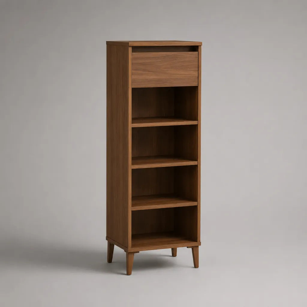 Scarpiera verticale in legno marrone noce con anta a ribalta e 4 vani aperti, 60 x 30 x 160 cm