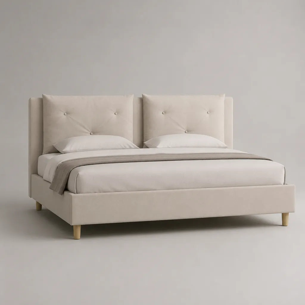 Letto matrimoniale imbottito rettangolare in poliestere beige, 180 x 216 x 112 cm, per materasso 160 x 200 cm, con testiera a cuscini e rete a doghe