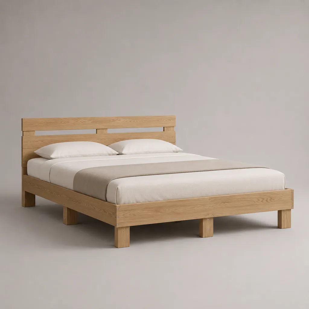 Letto matrimoniale in rovere massello naturale con rete a doghe, per materasso 160 × 200 cm, dimensioni 170 × 215 × 105 cm