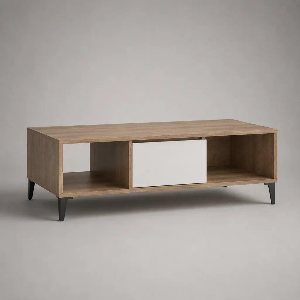 Tavolino da caffè rettangolare con vani contenitore in legno e acciaio, rovere naturale, bianco e nero, 120 x 60 x 45 cm