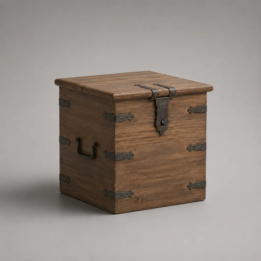 Baule contenitore rettangolare in legno massello di pino marrone con ferramenta in ferro, 50 × 45 × 60 cm
