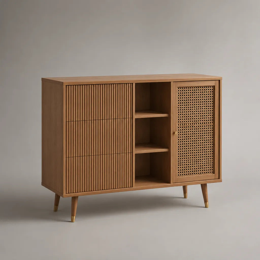 Credenza in MDF e legno con 3 cassetti, 2 ripiani e anta in rattan, marrone noce, 120 x 40 x 90 cm
