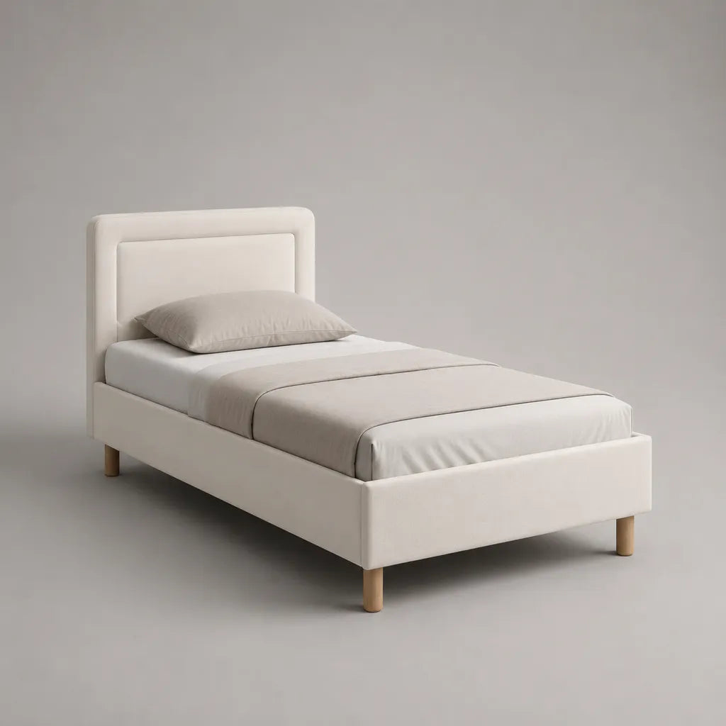 Letto singolo imbottito in tessuto avorio con rete a doghe, per materasso 90 x 200 cm, 105 x 215 x 110 cm