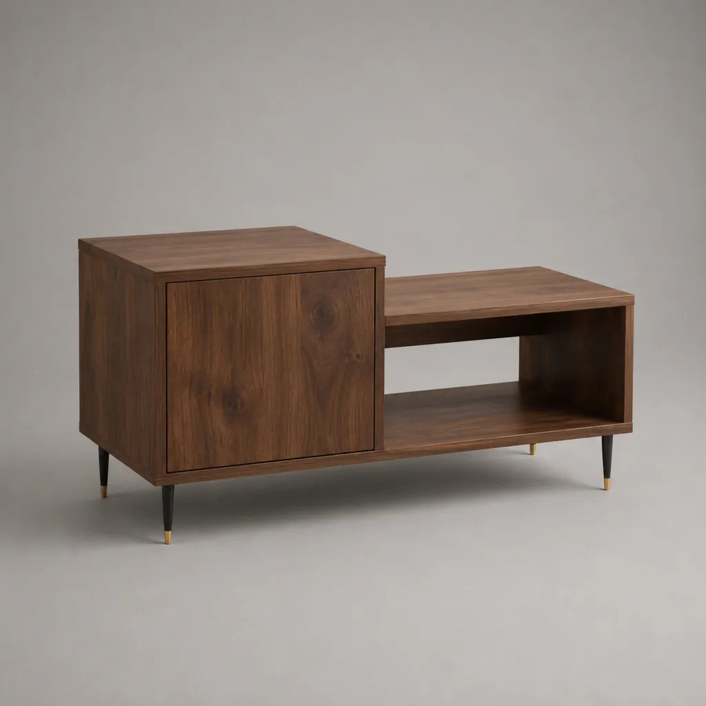 Tavolino da caffè rettangolare in legno con anta e ripiano, marrone noce, nero e ottone, 110 x 50 x 55 cm