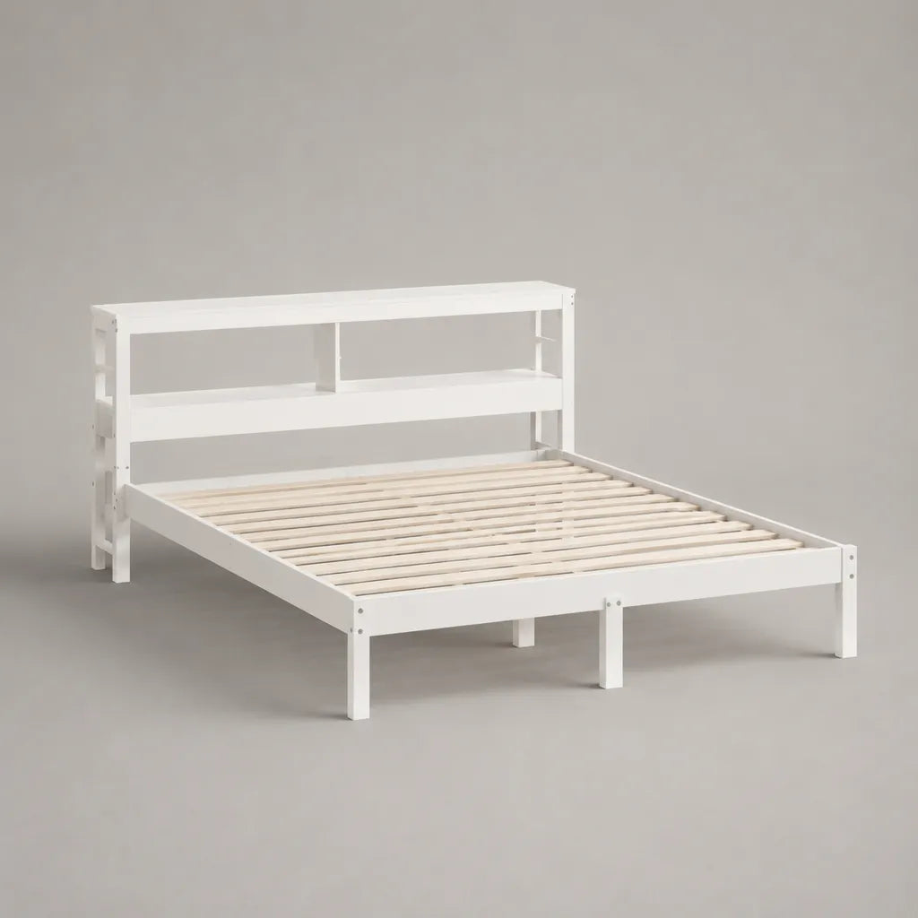 Letto alla francese 140 x 200 cm in legno massello bianco con rete a doghe e testiera con ripiani