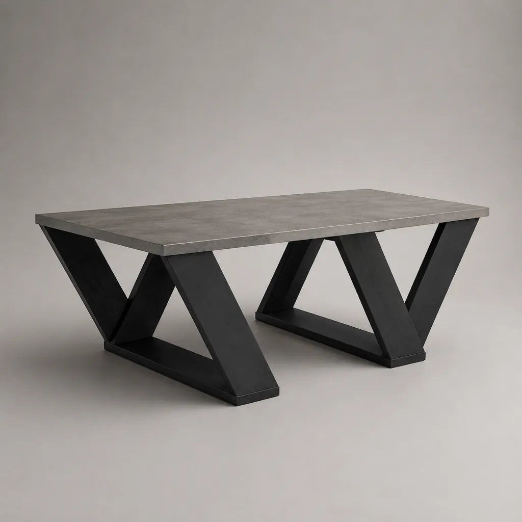 Tavolino da caffè rettangolare in pannello truciolare e acciaio, grigio effetto cemento e nero, 110 x 60 x 45 cm