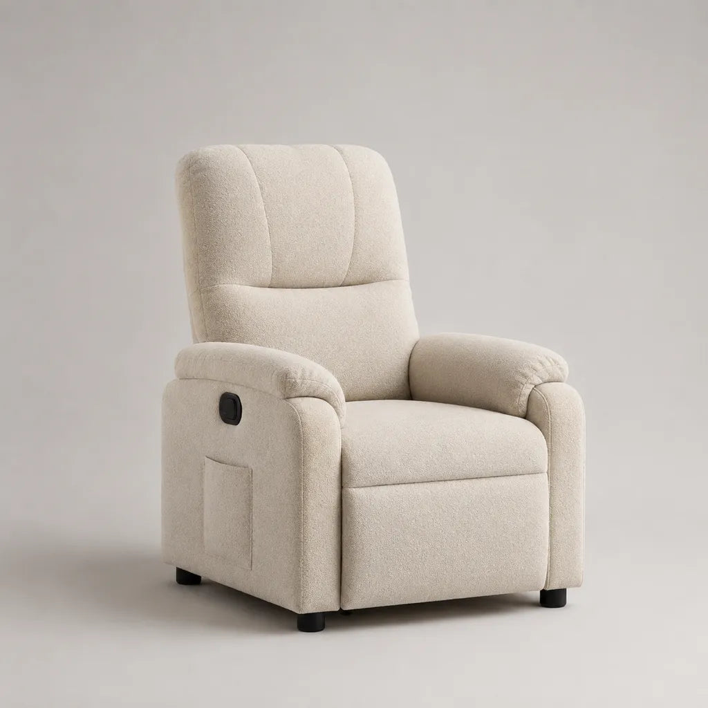 Poltrona reclinabile manuale in tessuto bouclé crema con poggiapiedi integrato e schienale alto, 76 x 92 x 104 cm