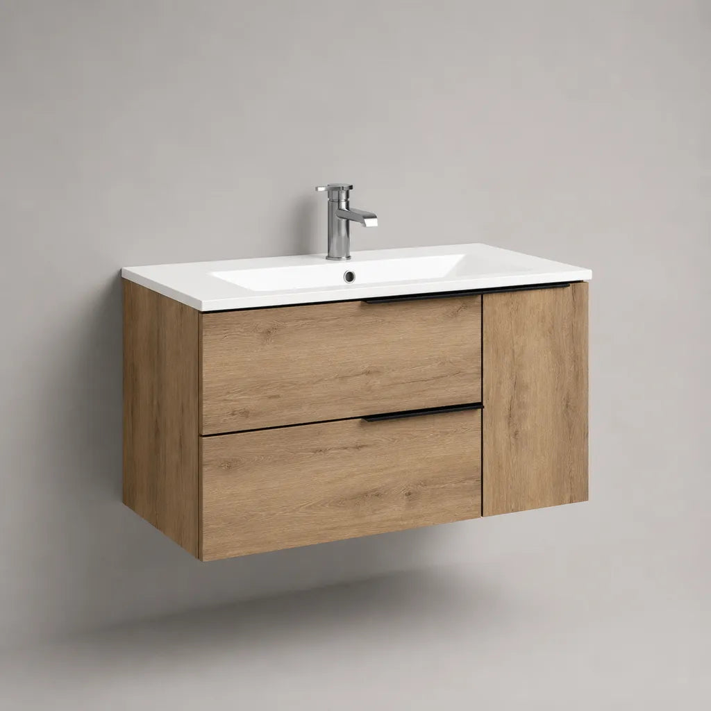 Mobile bagno sospeso sottolavabo con lavabo rettangolare in ceramica, 2 cassetti e 1 anta, rovere naturale, bianco e nero, 80 x 46 x 57 cm
