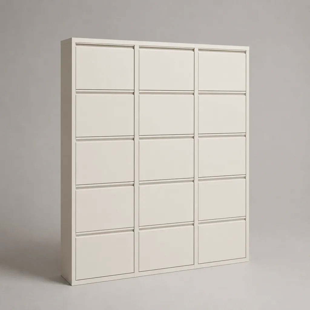 Scarpiera in acciaio bianco crema con 15 ante a ribalta, 120 × 24 × 180 cm