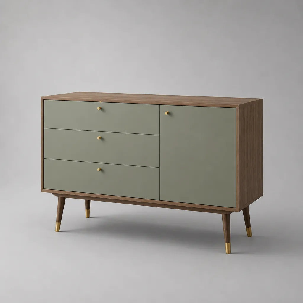 Credenza in legno e metallo con 3 cassetti e 1 anta, verde salvia e noce, 120 x 40 x 80 cm