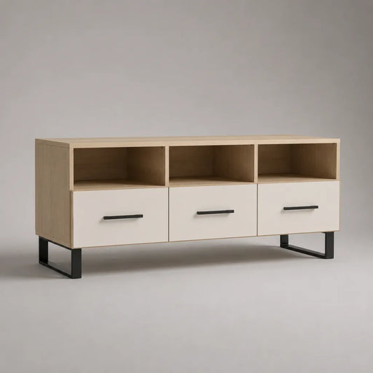 Mobile TV rettangolare con 3 cassetti e 3 vani aperti in pannello truciolare melaminico e acciaio, rovere chiaro, bianco e nero, 150 × 40 × 70 cm
