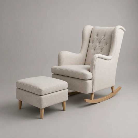 Set con poltrona a dondolo e poggiapiedi in tessuto beige, poltrona 78 × 92 × 106 cm, poggiapiedi 53 × 43 × 42 cm