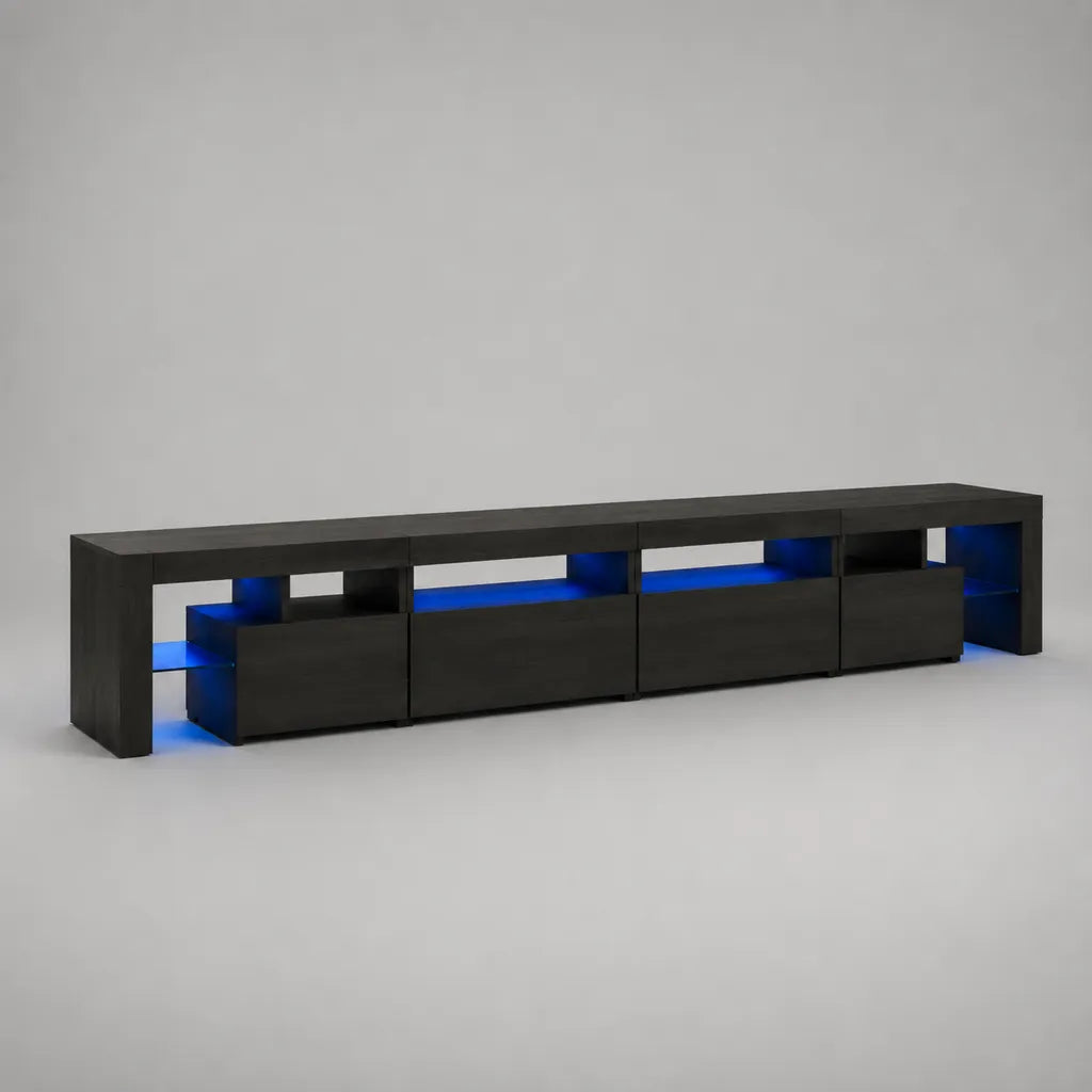 Mobile TV nero con LED blu in pannelli di particelle, 4 ante e vani aperti, 300 x 35 x 45 cm