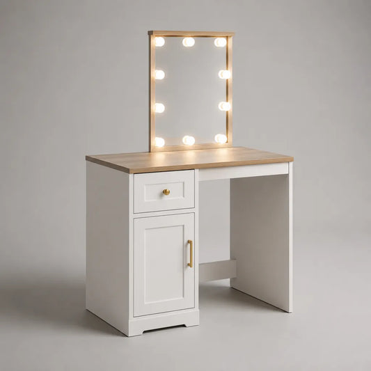 Toeletta in MDF con specchio rettangolare e 10 luci LED, bianco, rovere chiaro e oro, 80 × 40 × 135 cm