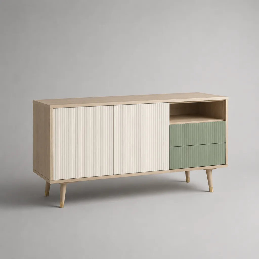 Mobile TV rettangolare in MDF e truciolare con 2 ante, 2 cassetti e vano aperto, rovere chiaro, bianco e verde salvia, 140 × 40 × 75 cm