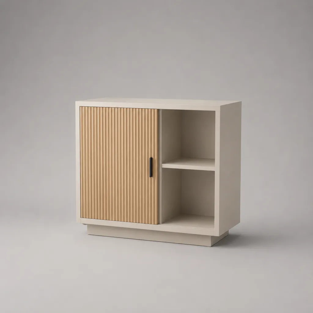 Credenza bassa rettangolare in pannello truciolare e MDF con anta scorrevole e 2 vani, bianco crema e rovere naturale, 80 × 40 × 80 cm