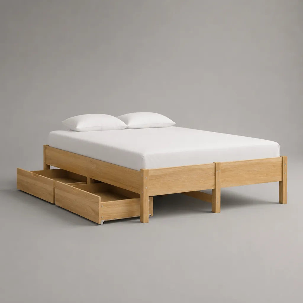 Letto matrimoniale rettangolare con 2 cassetti in legno massello di pino naturale, 160 x 200 cm
