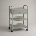 Carrello da cucina rettangolare in acciaio grigio salvia con cassetto, 3 ripiani e 4 ruote, 60 × 35 × 90 cm