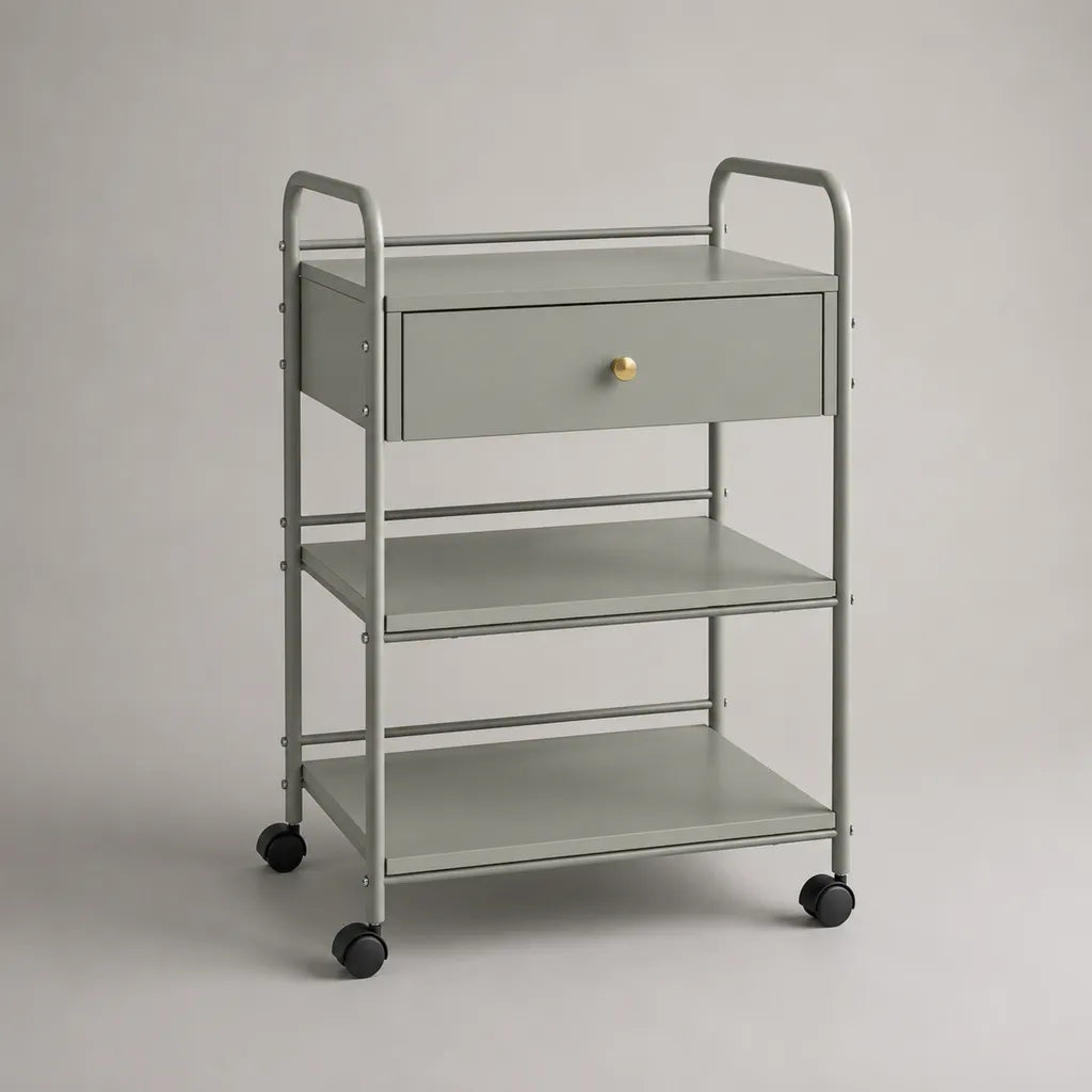 Carrello da cucina rettangolare in acciaio grigio salvia con cassetto, 3 ripiani e 4 ruote, 60 × 35 × 90 cm