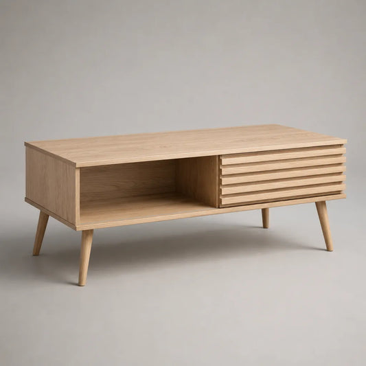 Tavolino da caffè rettangolare in MDF impiallacciato e legno massello, rovere naturale, 110 x 55 x 50 cm