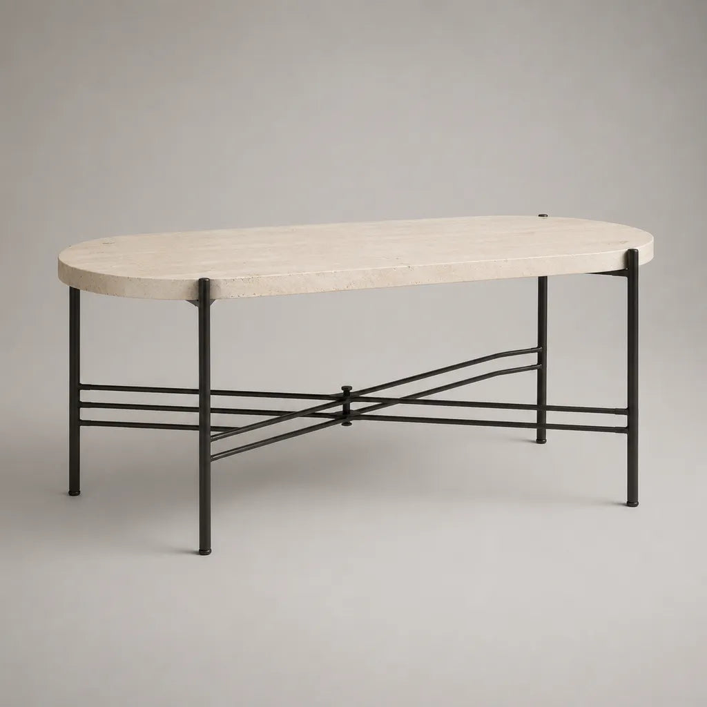 Tavolino da caffè oblungo in travertino naturale e acciaio, beige chiaro e nero, 110 × 55 × 45 cm