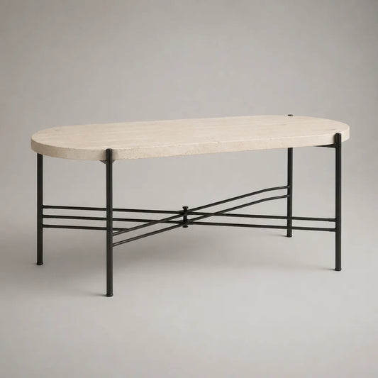 Tavolino da caffè oblungo in travertino naturale e acciaio, beige chiaro e nero, 110 × 55 × 45 cm