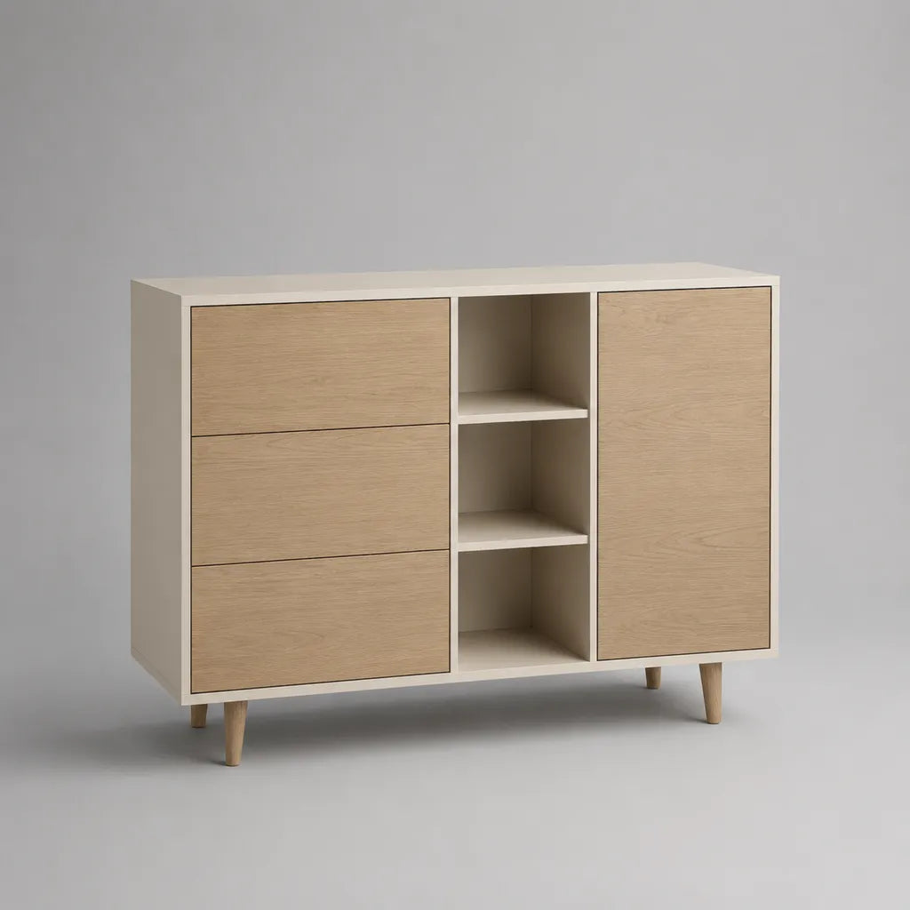 Credenza rettangolare in MDF e truciolare bianco crema e rovere naturale, 3 cassetti, 1 anta e 3 vani, 120 x 40 x 90 cm