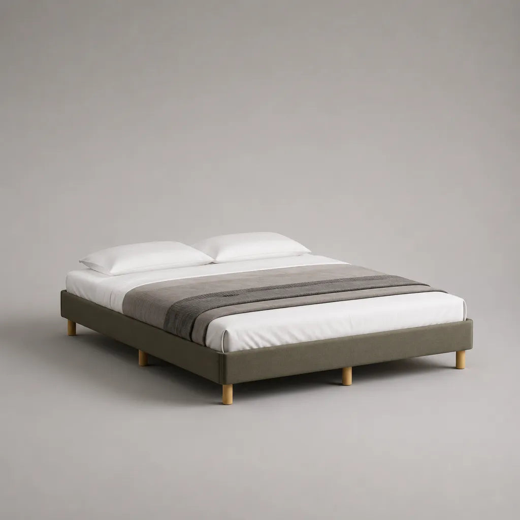 Letto matrimoniale imbottito senza testiera 160 x 200 cm, 168 x 208 x 35 cm, in poliestere grigio talpa con rete a doghe e gambe in legno