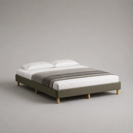 Letto matrimoniale imbottito senza testiera 160 x 200 cm, 168 x 208 x 35 cm, in poliestere grigio talpa con rete a doghe e gambe in legno