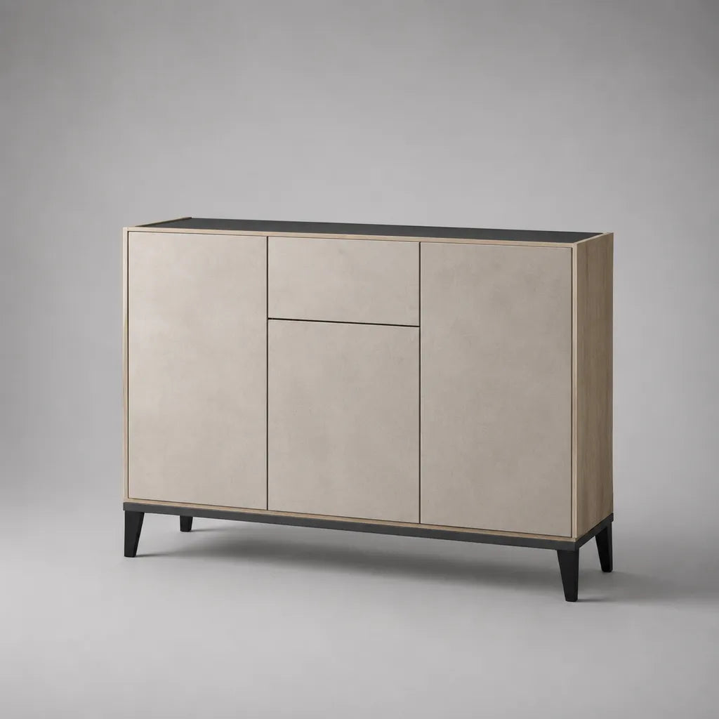 Credenza rettangolare beige, rovere chiaro e nera con 3 ante e 1 cassetto in MDF e acciaio, 140 x 40 x 90 cm