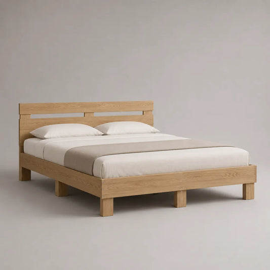 Letto matrimoniale in rovere massello naturale con rete a doghe, per materasso 160 × 200 cm, dimensioni 170 × 215 × 105 cm