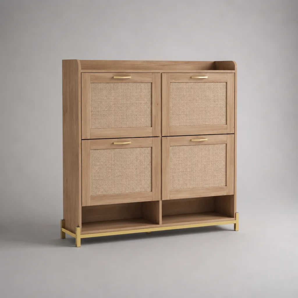 Scarpiera a 4 ante ribaltabili in MDF impiallacciato rovere e rattan naturale, marrone chiaro e oro, 100 × 35 × 120 cm