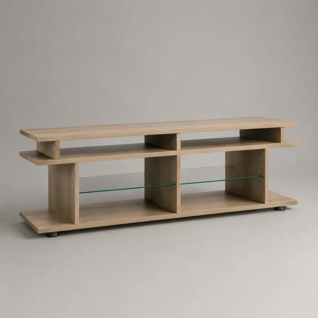 Mobile TV rettangolare in pannello truciolare e vetro, rovere chiaro, 160 × 40 × 65 cm