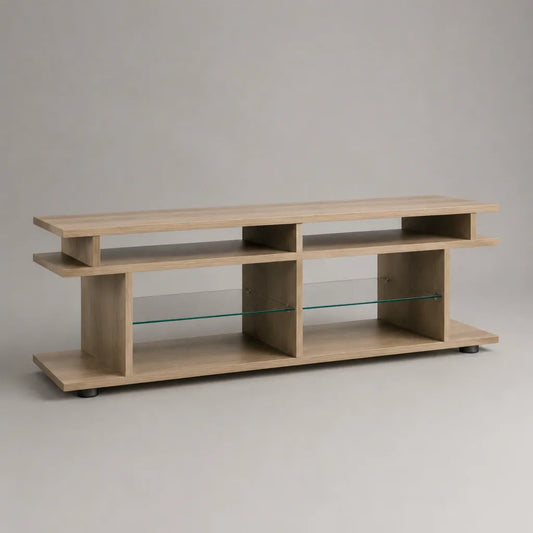Mobile TV rettangolare in pannello truciolare e vetro, rovere chiaro, 160 × 40 × 65 cm