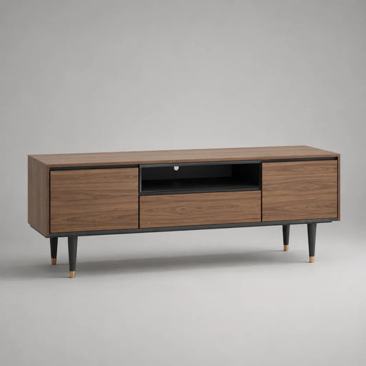 Mobile porta TV rettangolare in MDF impiallacciato noce con metallo nero e ottone, 2 ante, 1 cassetto e vano aperto, 160 x 40 x 60 cm