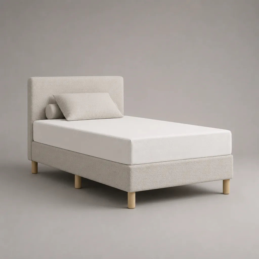 Letto singolo imbottito beige con materasso in schiuma, 100 x 210 x 100 cm, superficie letto 90 x 200 cm