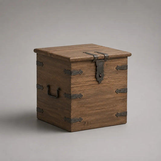 Baule contenitore rettangolare in legno massello di pino marrone con ferramenta in ferro, 50 × 45 × 60 cm
