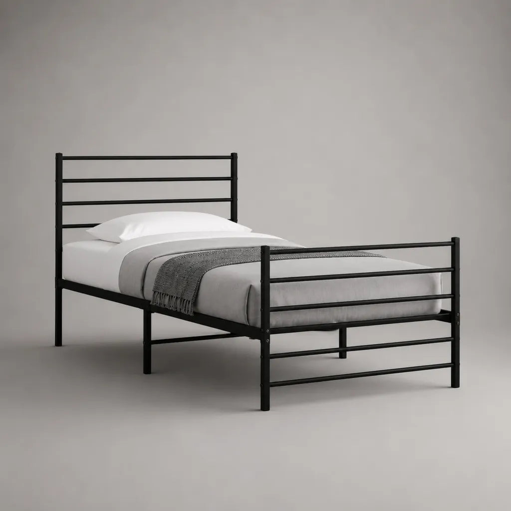 Letto singolo 90 × 200 cm in acciaio nero con testiera e pediera, 208 × 96 × 90 cm