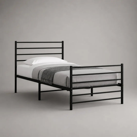 Letto singolo 90 × 200 cm in acciaio nero con testiera e pediera, 208 × 96 × 90 cm