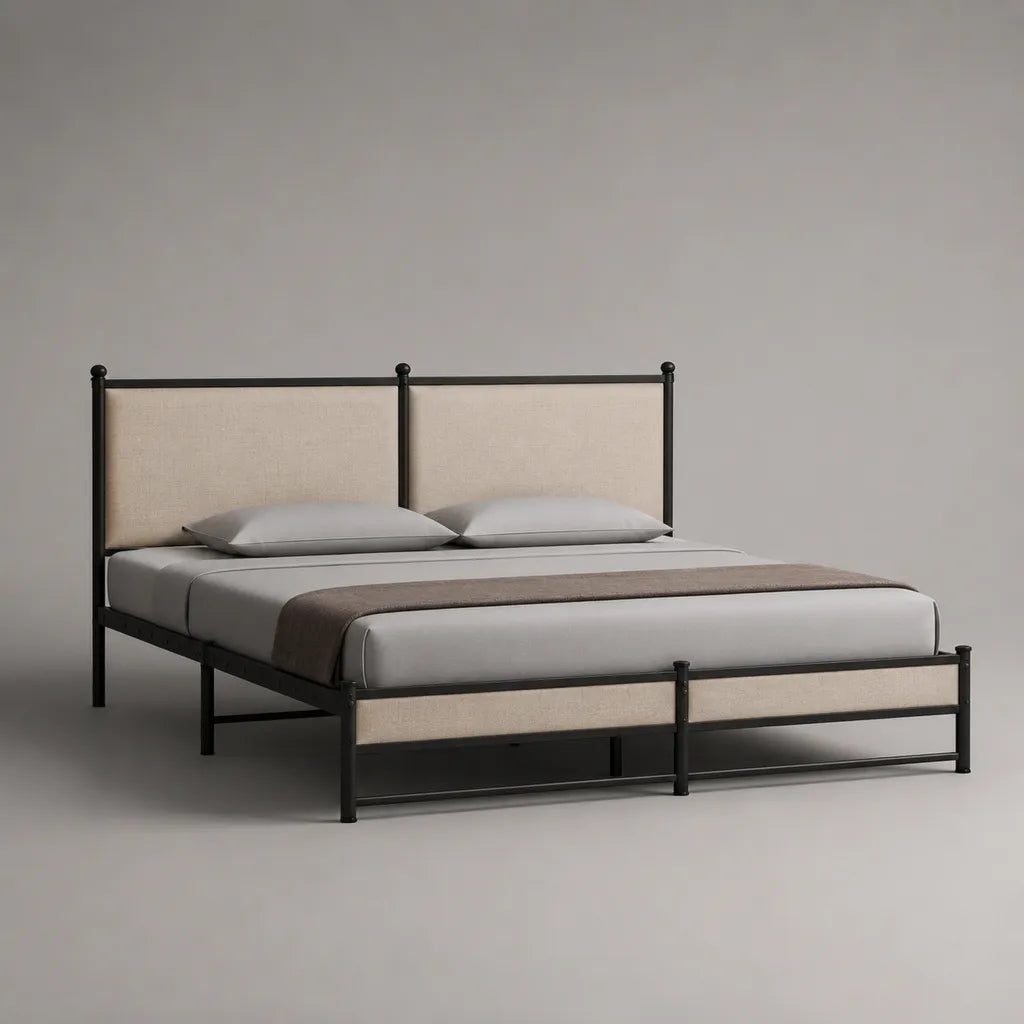Letto matrimoniale 160 x 200 cm in acciaio nero con testiera e pediera in tessuto beige, 208 x 168 x 112 cm