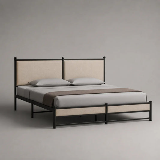 Letto matrimoniale 160 x 200 cm in acciaio nero con testiera e pediera in tessuto beige, 208 x 168 x 112 cm