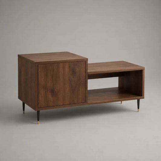 Tavolino da caffè rettangolare in legno con anta e ripiano, marrone noce, nero e ottone, 110 x 50 x 55 cm