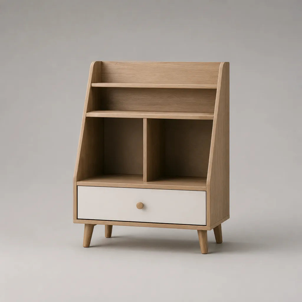 Libreria per bambini in legno con 2 ripiani, 2 vani e 1 cassetto, rovere naturale e bianco opaco, 80 × 35 × 105 cm