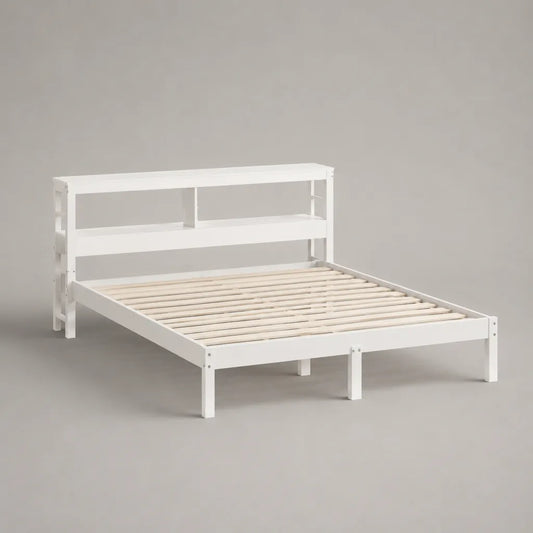 Letto alla francese 140 x 200 cm in legno massello bianco con rete a doghe e testiera con ripiani