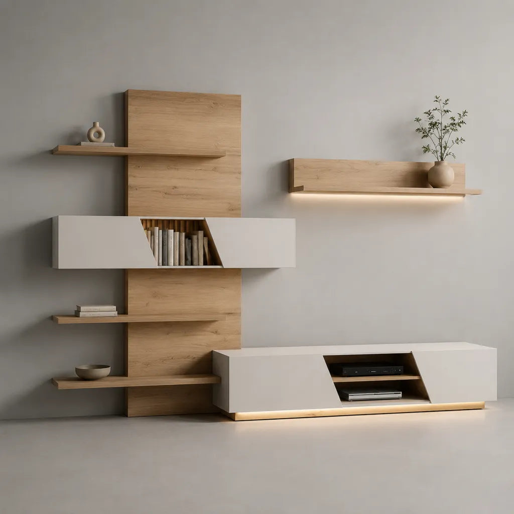 Parete attrezzata porta TV da interno, set di 4 elementi in truciolare melaminico e MDF, bianco opaco e rovere naturale, 280 × 42 × 200 cm